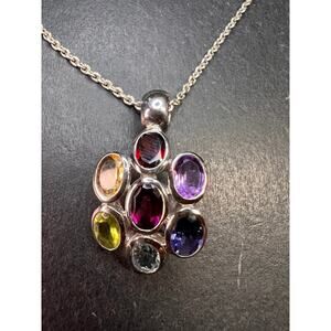 Vintage multi gemstone cluster pendant necklace in sterling silver